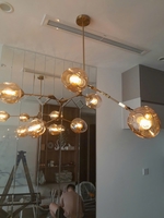 Đèn chùm Lindsey ngang thân mạ đồng 7 chao thủy tinh hổ phách đui E27x7(chưa bóng)_TH155, KT(mm):